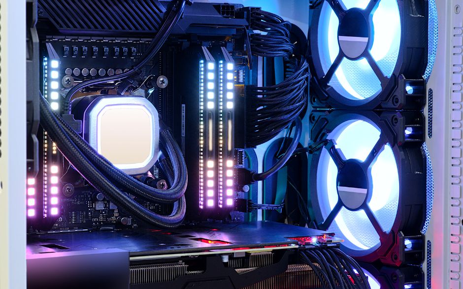 Image of an illuminated computer box with exposed internal components, showcasing blue and purple lighting effects